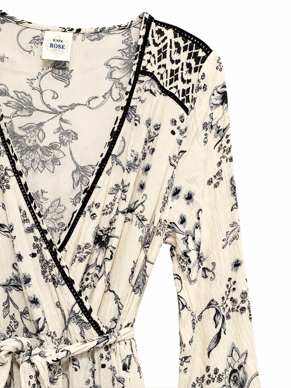 Knox Rose Maxi Dress Medium Ivory Black Floral Faux Wrap Boho Prairie Rayon - Picture 5 of 7